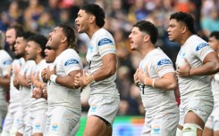 Moana Pasifika's players perform the Tau Moana before the Super Rugby match against the Otagao Highlanders in April this year