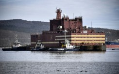 Floating power unit (FPU) Akademik Lomonosov is being towed to Atomflot moorage of the Russian northern port city of Murmansk on May 19, 2018