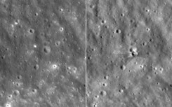 The moon's surface before (L) and after (R) it was struck by a SpaceX rocket leaving a crater that is 60 feet wide and 10 feet deep