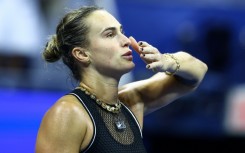 Belarus's Aryna Sabalenka celebrates after defeating Russia's Polina Iatcenko to advance to the third round of the US Open